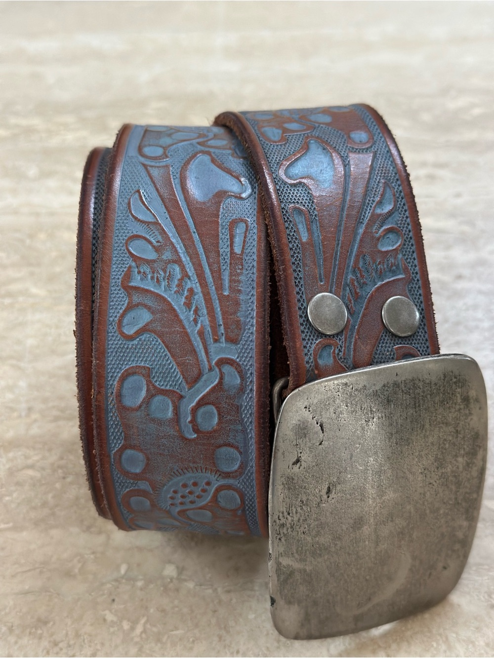 Hand-Tooled Blue Brown Leather Belt with Distressed Silver Buckle Western 34-38